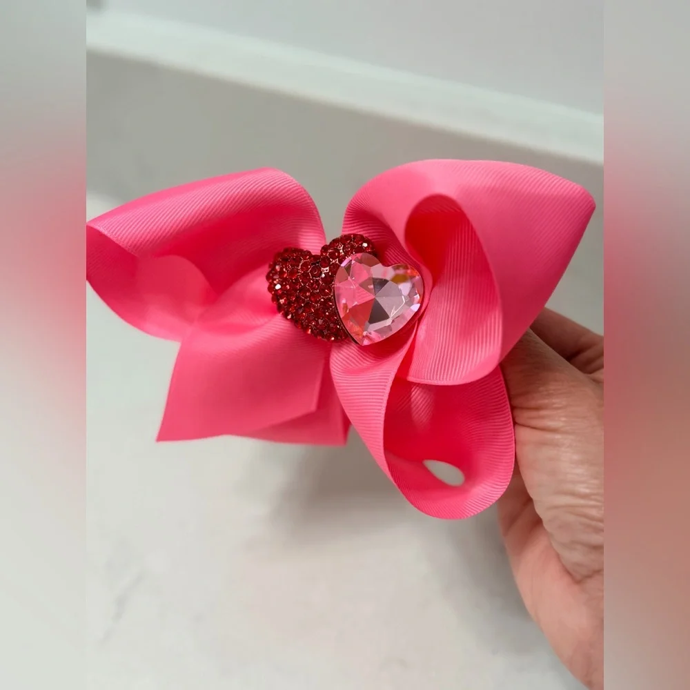 Large Girls Pink Valentine Heart Bow w Double Heart Crystal Brooch Center. NEW